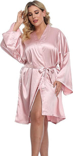 Women's Plus Size Short Silky Bathrobes Satin Kimono Robes Bride Bridesmaid Loungewear Soft Nightgown