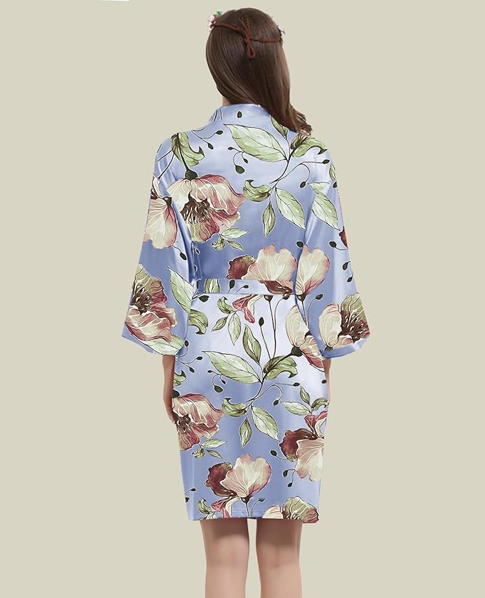 WJing Yi Jia Womens Satin Kimono Robe Silky Robes Floral Bathrobe Bride Bridesmaid Wedding Bridal Dressing Gown Loungewear