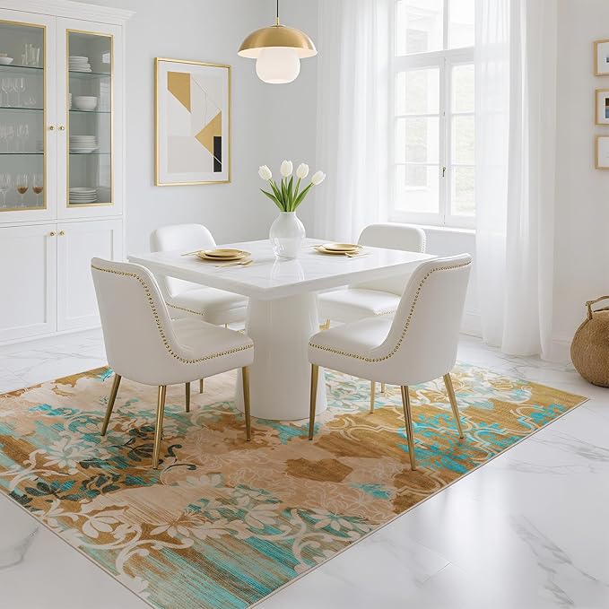 CRYPTOLITE Living Room Rug Washable Abstract Rugs with Non-Slip Backing Low Pile Area Rug for Living Room, Bedroom, Dining Room, 6x9, Orange-Yellow