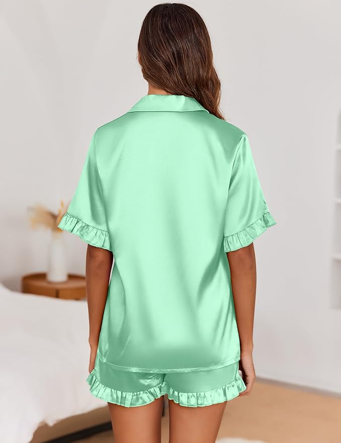 Ekouaer Satin Pajama Set for Women Button Down Silk 2 Piece Pj Sets Ruffle Short Sleeve Sleepwear