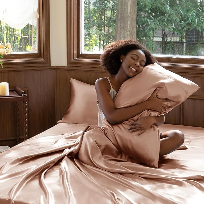 CozyLux Satin Sheets Full Size Sheets - 4 Piece Silky Full Size Bed Sheets, Luxury Salmon Pink Full Bed Set with Smooth and Soft Microfiber, Includes 1 Fitted Sheet, 1 Flat Sheet and 2 Pillowcases