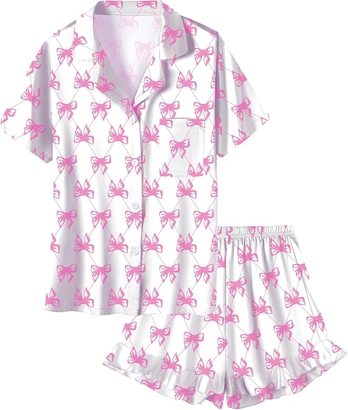 Umeyda Girls & Women Satin Pajamas Set Button Down 2 Piece Silk Pjs Shorts Set Ruffle Sleepwear, 5 Years-Women L