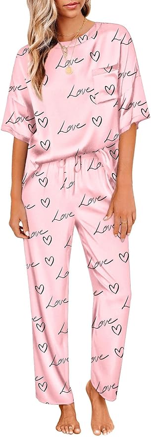 Ekouaer Womens Satin Silky Pajama Set Short Sleeve Shirt with Long Pajama Pant Set Soft PJ Loungewear