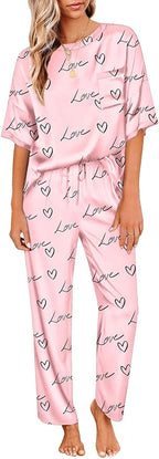 Ekouaer Womens Satin Silky Pajama Set Short Sleeve Shirt with Long Pajama Pant Set Soft PJ Loungewear