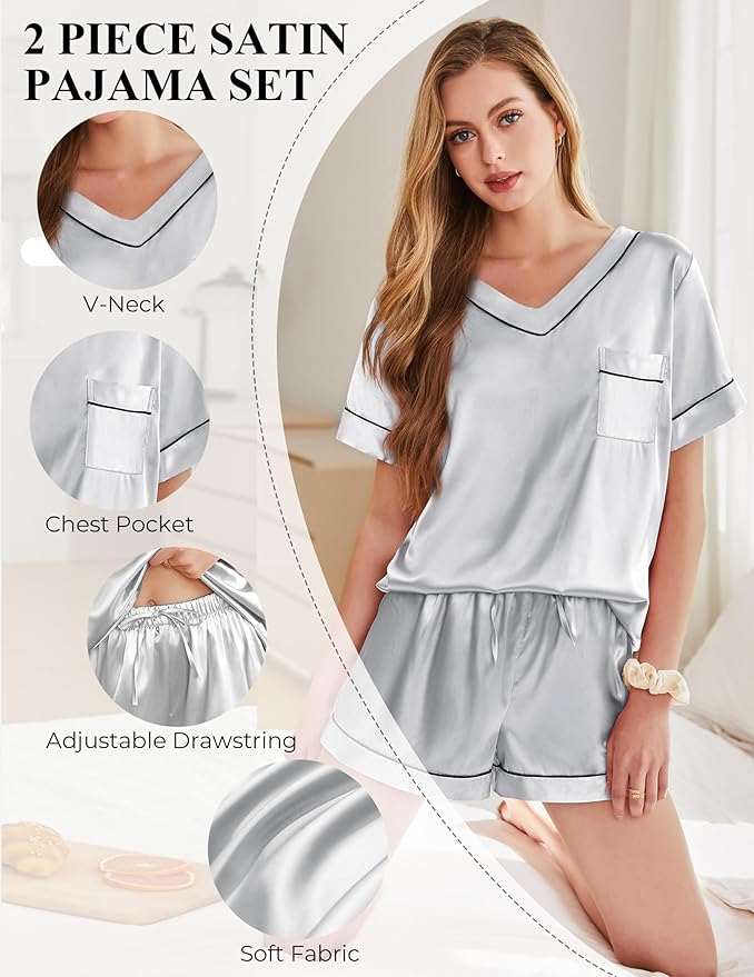 Silk Pajamas for Women Short Sleeve Satin 2 Piece Pj Set Soft V Neck Sleepwear Loungewear, S-XXL