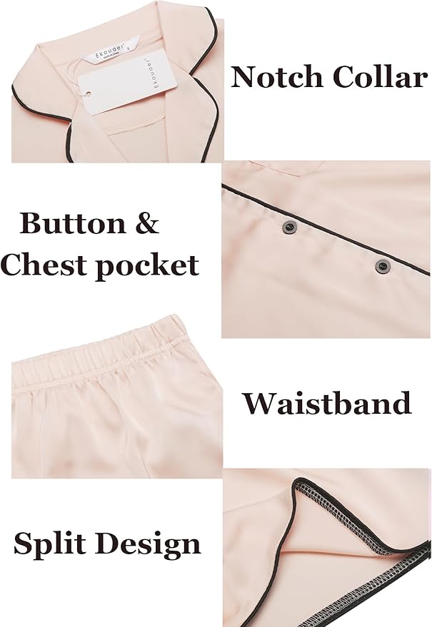 Ekouaer Womens Silk Satin Pajamas Set Short Sleeve Sleepwear Button Down Loungewear 2 Piece Pjs Shorts Set S-5X Plus Size