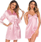 SWOMOG Women's Satin Robe Set 2 Piece Sexy Pajamas Sets Lace Cami Nightgown and Silk Robes Nightwear