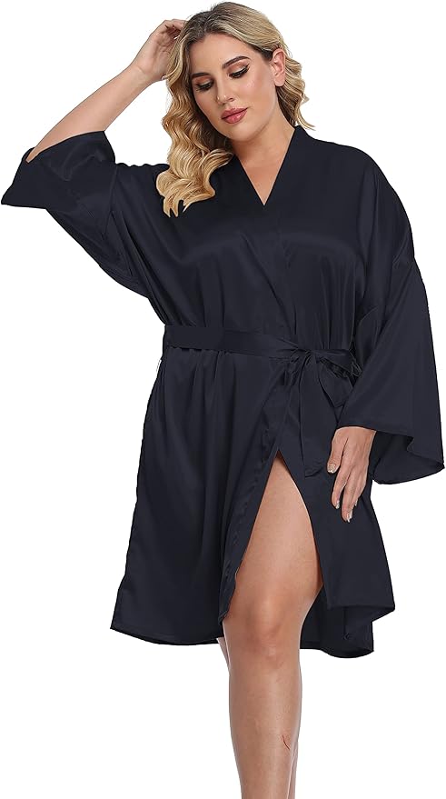 Women's Plus Size Short Silky Bathrobes Satin Kimono Robes Bride Bridesmaid Loungewear Soft Nightgown