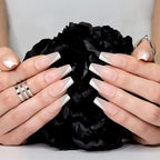 Hypnaughty 24 Pcs Paris Classy French Coffin Press On Nails with Design and Glue Medium Long Fake Nails Nude Pink and White Asymmetrical French Tip Glue On Nails Full Cover (Paris)