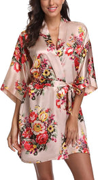 Women's Floral Satin Robes Bride Bridesmaid Getting Ready Robe Short Silky Kimono Sleepwear for Wedding Party