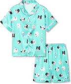 Beezizac Little & Big Girls Satin Silky Button Pajama Summer Short Sleeves Set Trendy Outfit Kid Size 6-16