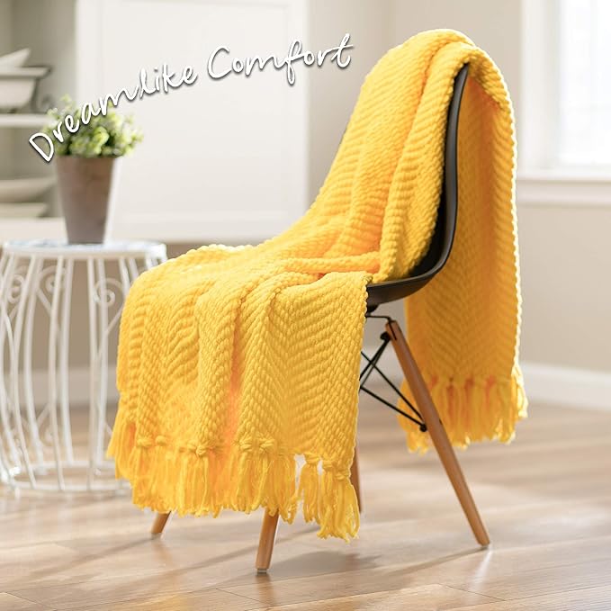 Chanasya Premium Textured Knit Throw Blanket with Tassels - Soft, Cozy Blanket for Couch, Bed, Living Room - 50" x 65” - Bright Yellow