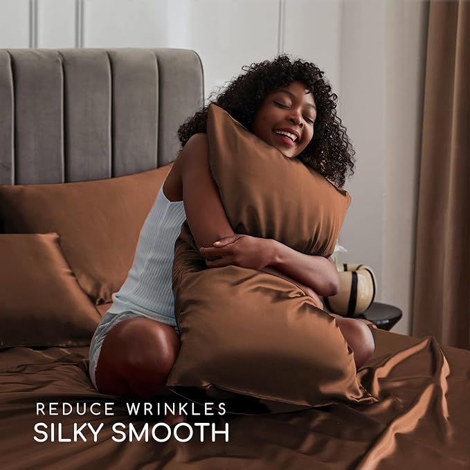 MR&HM Satin Bed Sheets, Twin XL Size Sheets Set, 3 Pcs Silky Bedding Set with 15 Inches Deep Pocket for Mattress (Twin XL, Brown)