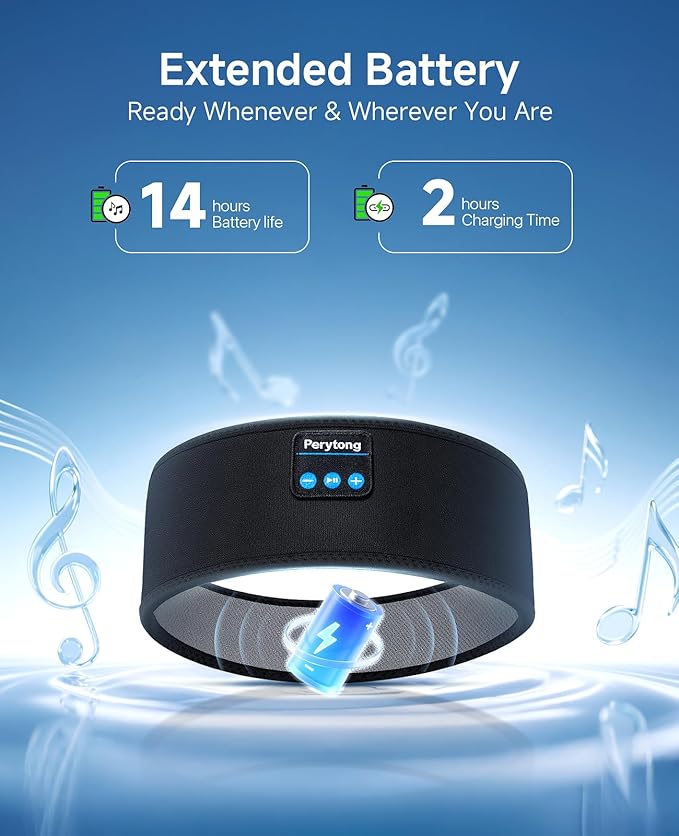 Perytong Sleep Headphones Bluetooth 5.4 Headband, Sleep Headband Headphones for Side Sleepers, Built-in HD Stereo Speakers & Long-Lasting Time Battery, Sports Headband Music Earphones for Nap