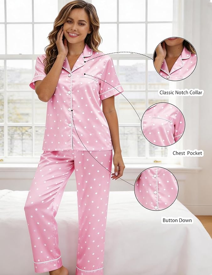 Silk Satin Pajama Set for Women 3-piece Short Sleeve Pajama with Pants Ruffle Shorts Cute Pj Set Button Down Sleepwear