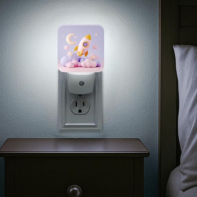 Rocket Night Lights Plug Into Wall, Playful Fanciful Moon Stars None Pastel Peach Plug in Night Light with Dusk to Dawn Sensor for Bathroom Closet Laundry Room Decor 1pcs