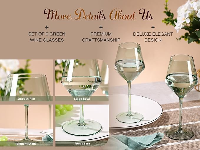 Sage Green Wine Glasses Set 6-16oz, Long Stem - Hand Blown Pale Sage Green Stemware for Wedding Deco