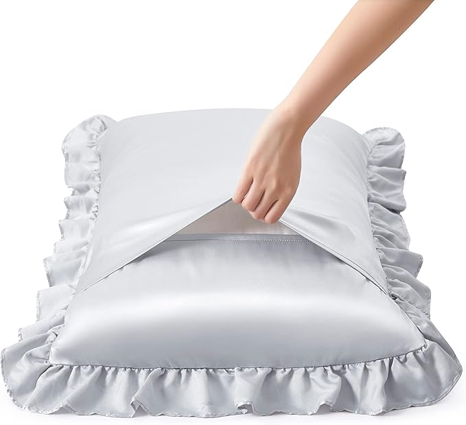 Silky Satin Ruffled Pillow Cases for Hair and Skin,Light Gray Silk Pillowcases Standard Set of 2 with Envelope Closure Princess Room Decoration
