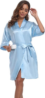 Women's Short Satin Robes Silky Bathrobe Bridesmaid Sleepwear for Wedding Party Getting Ready Solid Color