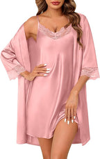 SWOMOG Women's Satin Robe Set 2 Piece Sexy Pajamas Sets Lace Cami Nightgown and Silk Robes Nightwear