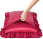 Wine Red Satin Ruffled Pillow Cases for Hair and Skin,Wine Red Silk Pillowcases Standard Set of 2 with Envelope Closure Princess Room Decoration