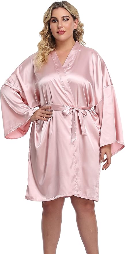 Women's Plus Size Short Silky Bathrobes Satin Kimono Robes Bride Bridesmaid Loungewear Soft Nightgown