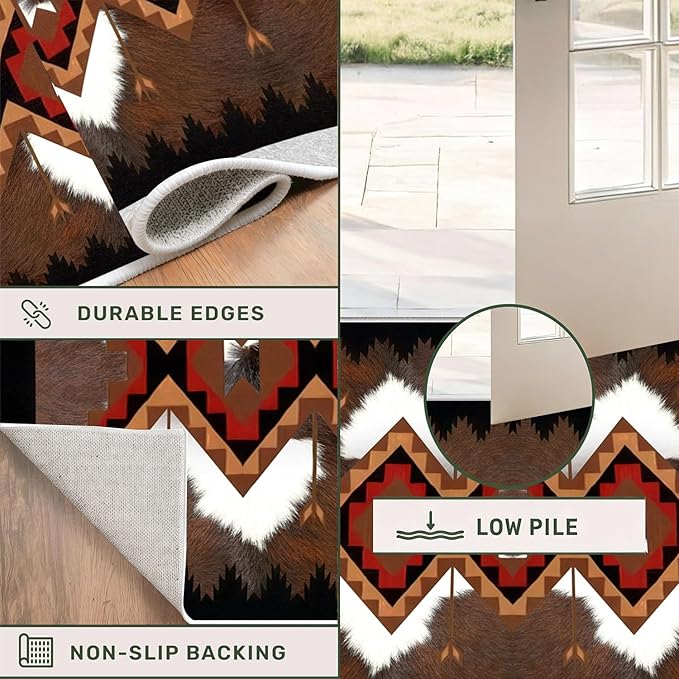 Faux Cowhide Rugs for Hallways,1.3x7ft,Country Farmhouse Western Runner Rugs,Southwest Aztec Kitchen Runner Rug,Soft, Non-Slip, and Machine Washable Cowhide Carpet,for Bedroom, Indoor Entrance
