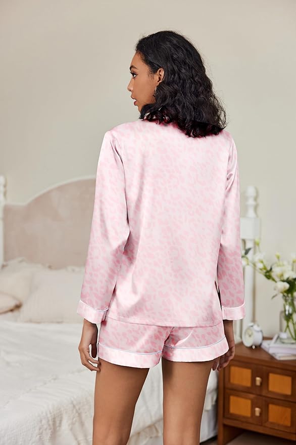 Ekouaer Satin Pajama Set for Women Button Down Pj Set Long Sleeve Top and Shorts 2 Piece Loungewear Summer Soft Sleepwear