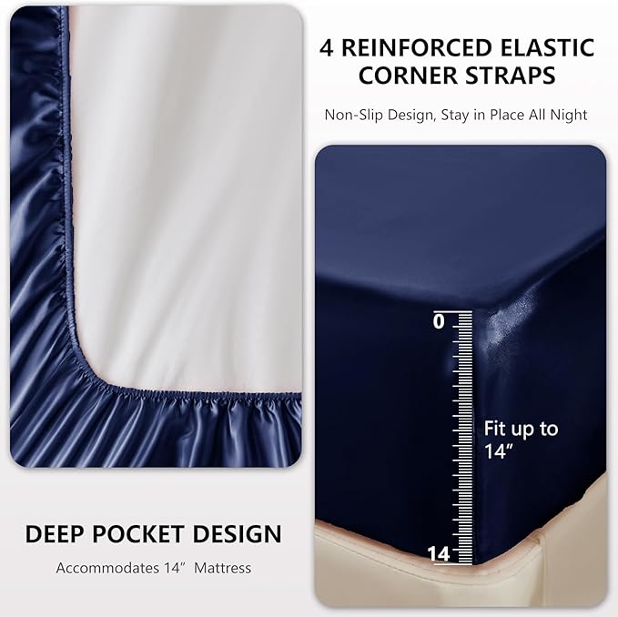 CozyLux Satin Sheets Twin Sheet Set - 3 Piece Silky Twin Bed Sheets, Luxury Navy Blue Sheet Twin Size Bed Set with Smooth and Soft Microfiber, Includes 1 Fitted Sheet, 1 Flat Sheet and 1 Pillowcase