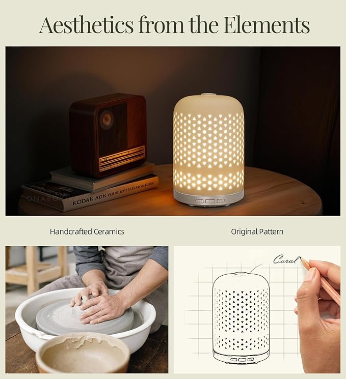 Onaboviva Essential Oil Diffuser - 2.4MHz Ultrasonic Ceramic Diffuser for Home, 120ml, Pulse&Continuous Mist, Bright/Dim/Breathing Lighting, Waterless Auto-Off, Aromatherapy Diffuser with USB Cable