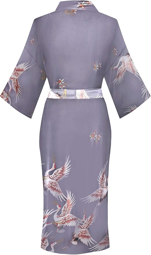 Valennia Women Long Silky Bathrobe Satin Kimono Robe Floral Printed Dressing Gown Sleepwear