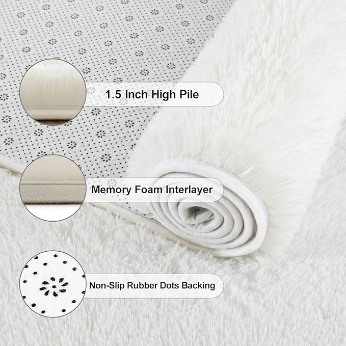 Jelymark Super Soft Shaggy Rug for Bedroom, 2x6 Feet Fluffy Carpet for Living Room, Fuzzy Indoor Plush Area Rug for Home Decor, Furry Floor Rugs for Dorm, Kids Nursery Rug for Girls, Cream White