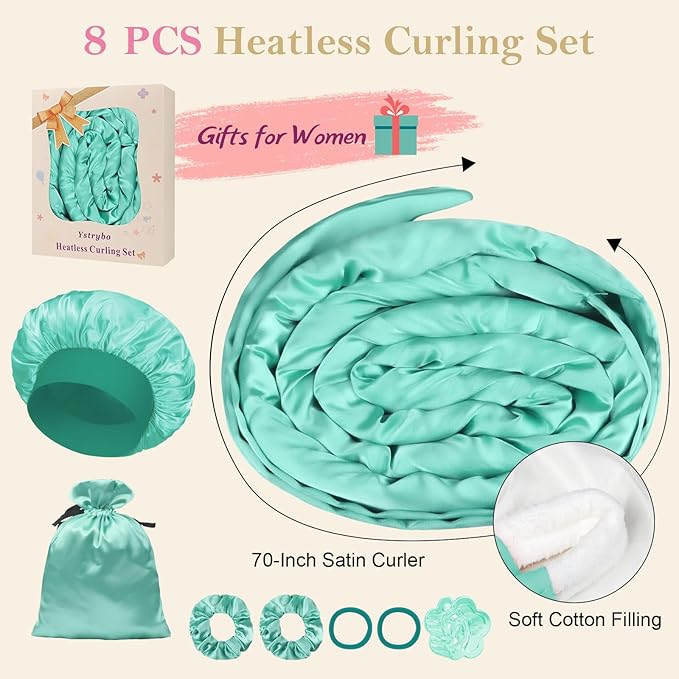 Satin Heatless Hair Curler Curls Overnight Hair Curlers to Sleep in, Hair Curlers No Heat Curls Overnight, Heatless Curling Set for Women Long Hair - 8 Pcs (Green)