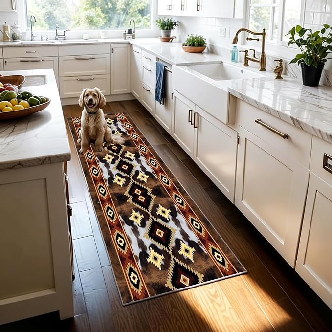 Rustic Brown Runner Cowhide Rugs,4x12ft,Western Aztec Decor Kitchen Runners,Southwestern Decor Native American Tribal Hallway Runner Rug,for Bedside Bedroom Entrance Farm Cow Print Carpet