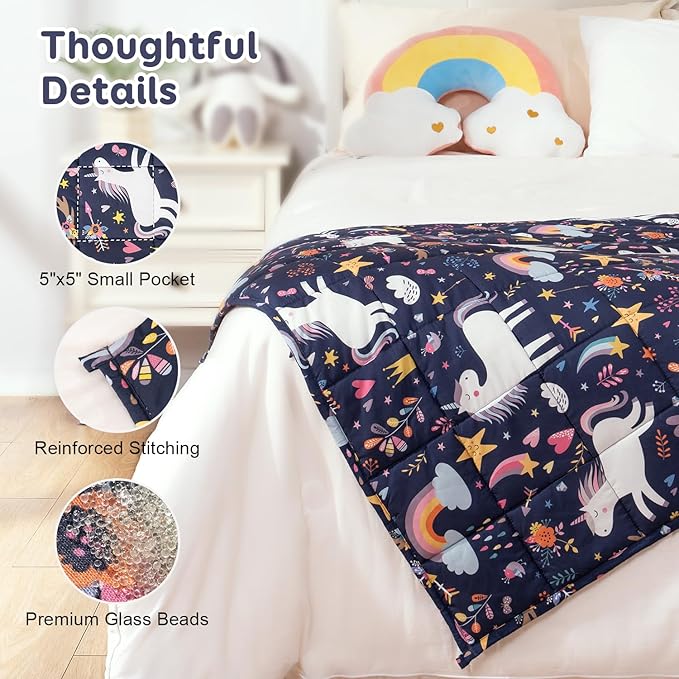 Kivik Unicorn Weighted Blanket 3lbs, Cooling Breathable Small Blankets, Soft Heavy Throw for School Calming & Bed Sleep Gifts for 4 5 6 7 + Year Old, Machine Washable, 36''x 48'', 3 Pounds, Navy Blue