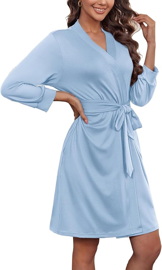 Ekouaer Women‘s Robes Lightweight 3/4 Sleeve Short Knit Bathrobe Soft Knee Length Sleepwear Robes with Pockets S-XXL