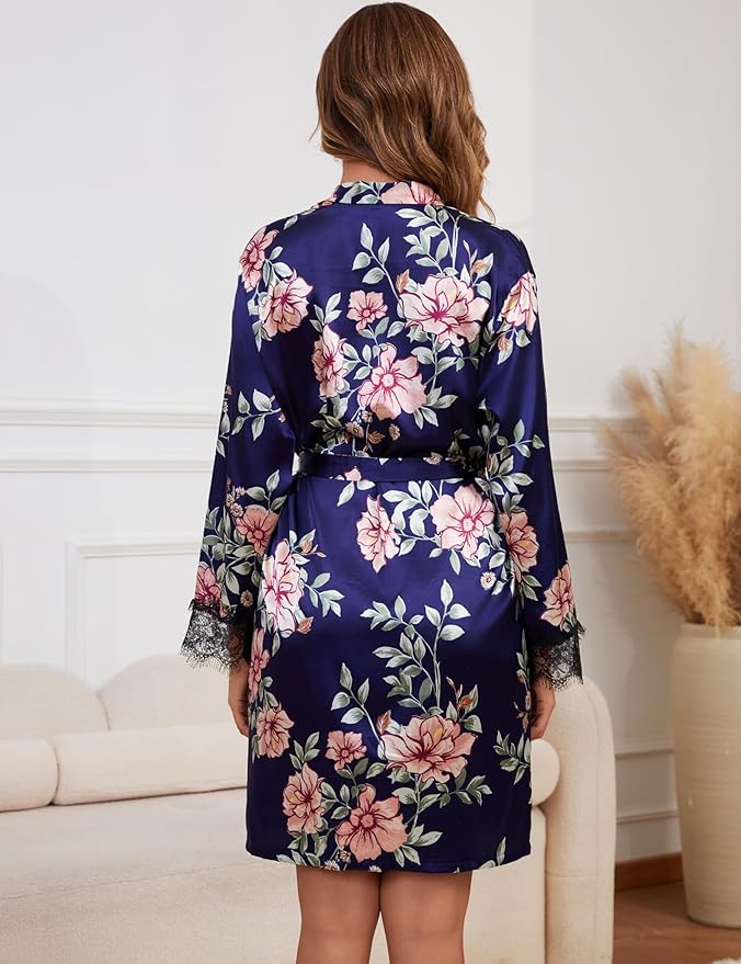 Womens Silk Lingerie Robe Nightgown 2 Piece Pajamas Set Sexy Lace V Neck Cami Satin Sleepwear