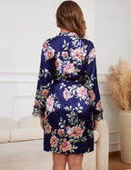 Womens Silk Lingerie Robe Nightgown 2 Piece Pajamas Set Sexy Lace V Neck Cami Satin Sleepwear