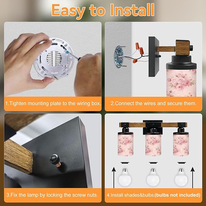 Vanity Lights for Bathroom Wall Lights for Bedroom Living Room Soft Pink Roses Floral Light Modern Bathroom Light Fixtures Wall Sconces 3 Light Home Decor