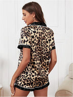 WDIRARA Women's Sleepwear Leopard Print Satin Shirt and Shorts Pajama Set