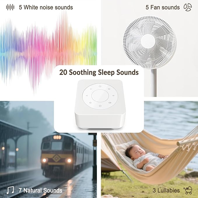 White Noise Sound Machine, Noise Machine for 20 Soothing Sounds, 2 Customizable Shortcut Buttons, Timer, Memory Function, USB-A Cable Included(Battery&Adapter NOT Included)for Baby, Kids&Adult (white)