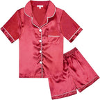 QPANCY Kids Satin Pajamas Sets Baby Boy Girl Button-Down Silk Sleepwear 2 Piece Short Sleeve Loungewear Clothes Set