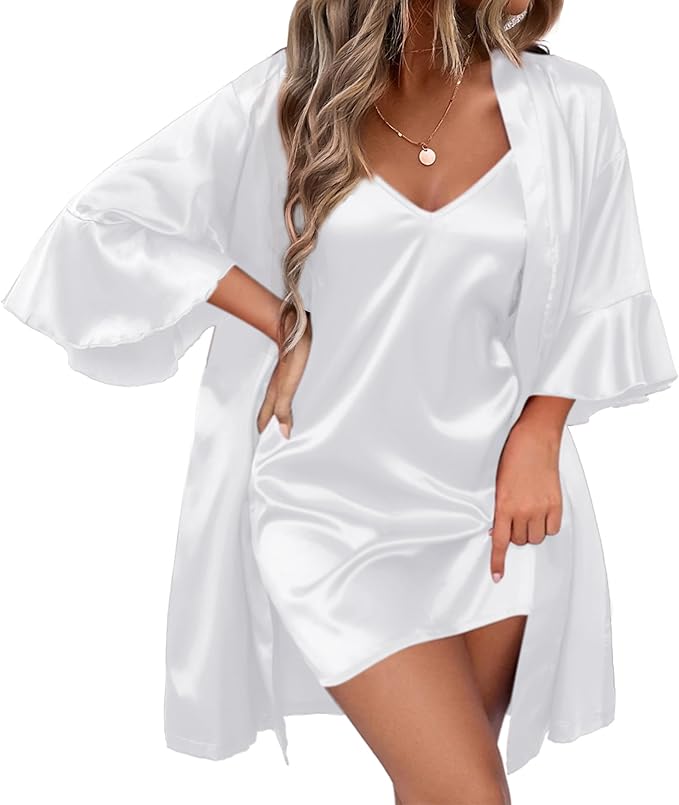Ekouaer Women's Silk Robe Set V-neck 2 Piece Bridal Party Robes and Satin Bathrobe Set with Pockets