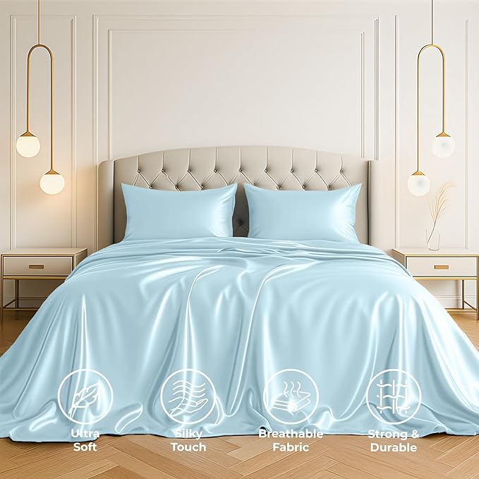 Satin Sheets California King [4-Piece, Skyblue] Luxury Silky Bed Sheets - Extra Soft 1800 Microfiber Sheet Set, Wrinkle, Fade, Stain Resistant - Deep Pocket Fitted Sheet, Flat Sheet, Pillow Cases