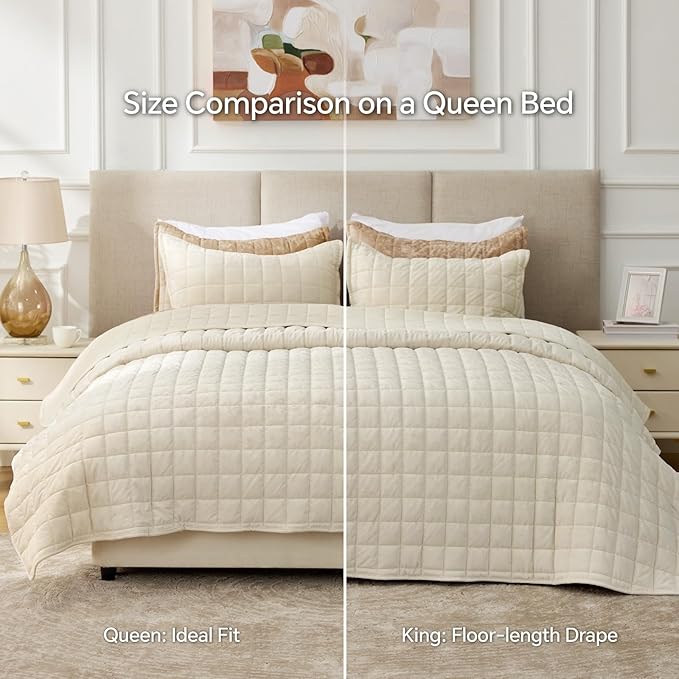 BEDELITE Velvet Quilt Set King Size - Luxury Velvet Comforter Bedding Set 3 Pieces, Soft Cozy Cream White Oversized Bedspread Coverlet for All Seasons with 2 Pillow Shams