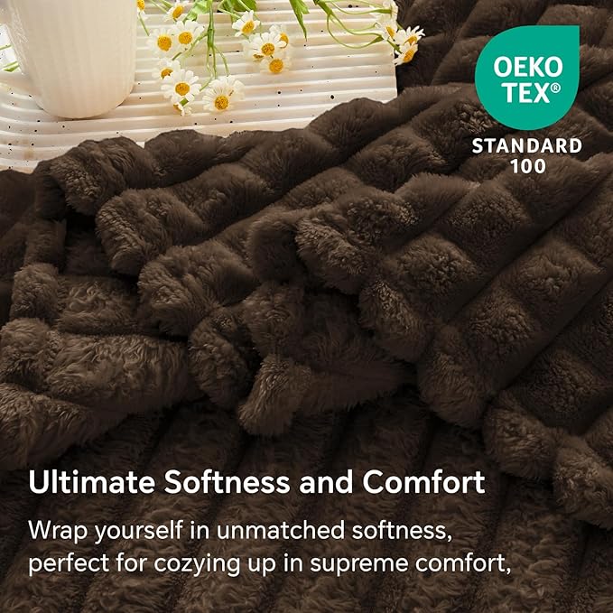 BEDELITE Brown Throw Blanket Twin Size for Bed- Super Soft and Warm 3D Checkered Fluffy Fuzzy Fleece Blanket, Luxurious Plush Cozy Blanket for Room Decor Fall and Winter, 60x80 inches