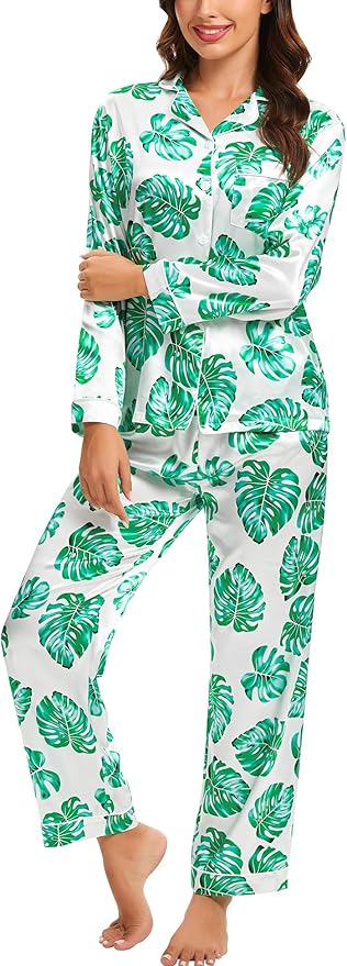 SWOMOG Womens Silk Satin Pajamas Set Long Sleeve Button Down Sleepwear 2 Piece Lounge Set Pj Set XS-3XL