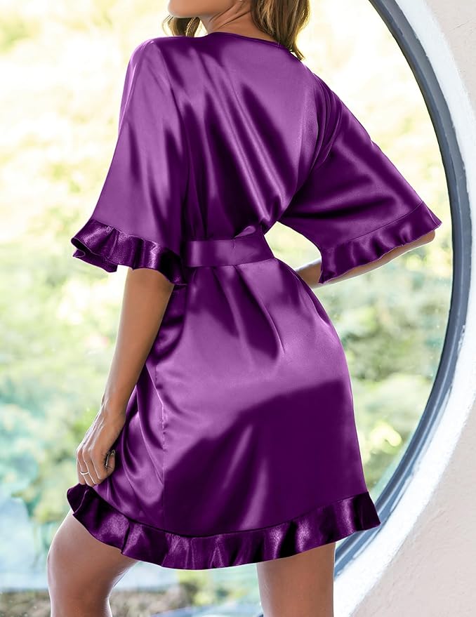 Ekouaer Womens Silk Ruffle Robe Short Satin Kimono Robe Half Sleeve Bathrobe Bridesmaid Wedding Party Dressing Gown