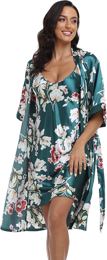 Women's Satin Robes Set with Nightgown Silk Kimono Pajamas 2 Piece Sleepwear Camisole Wedding Bride Gown Set