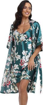 Women's Satin Robes Set with Nightgown Silk Kimono Pajamas 2 Piece Sleepwear Camisole Wedding Bride Gown Set